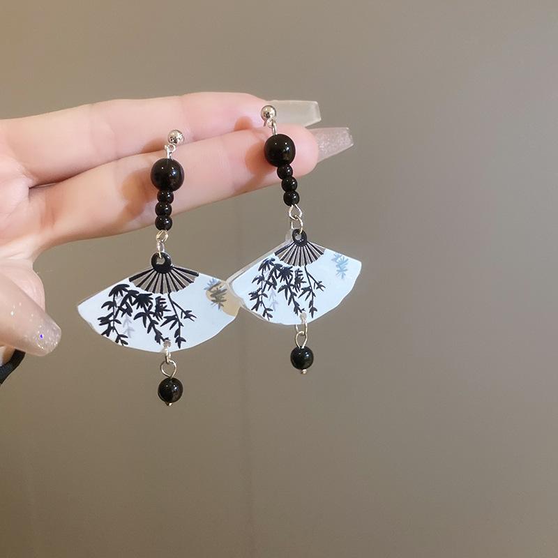 Ancient style super fairy bamboo flower pearl fringed stud earrings ear hook explosion Chinese style versatile earrings earrings