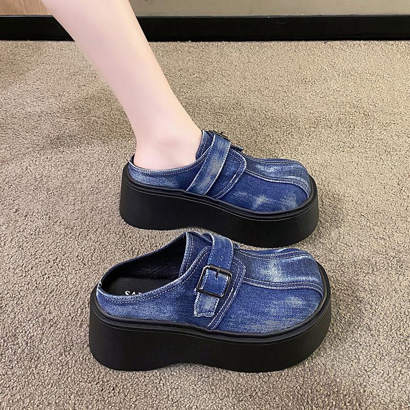 Denim big head muffin shoes women's 2024 summer retro belt buckle thick bottom cool slippers women's bag head half slippers