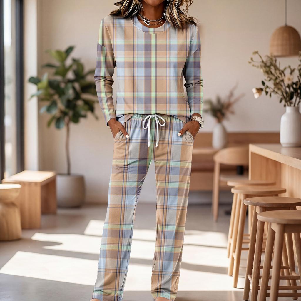 Set Pigiama Casual da Donna a Manica Lunga con Scollo Rotondo e Coulisse, Gamba Larga, per Dormire