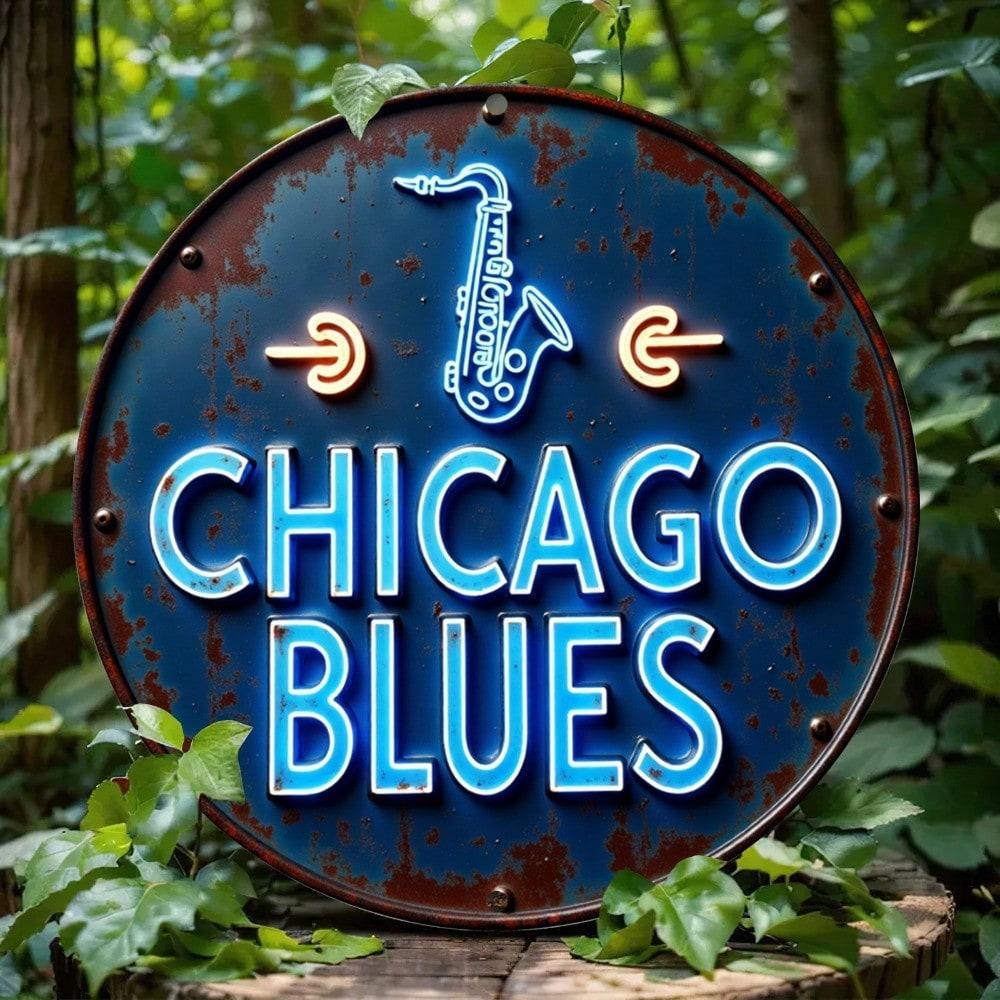 Vintage Chicago Blues Saxophone Neon Tin Metal Wall Art for Home Bar Cafe Decor