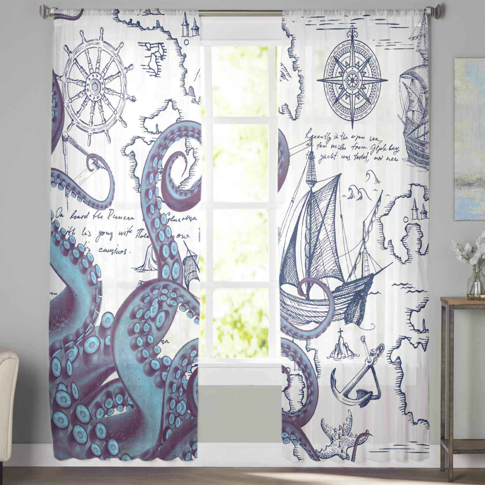 Пиратский корабль навигационная карта щупальца осьминога шторы для спальни тюль — фото 3