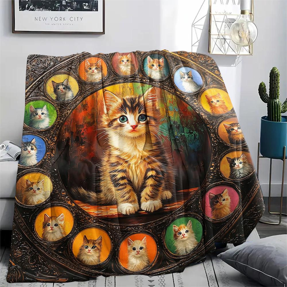 Tabby Cat Print Flannel Blanket, High quality Comfortable for All Seasons, Home Decor, Warmth and Comfort, Perfect for Christmas Gifts