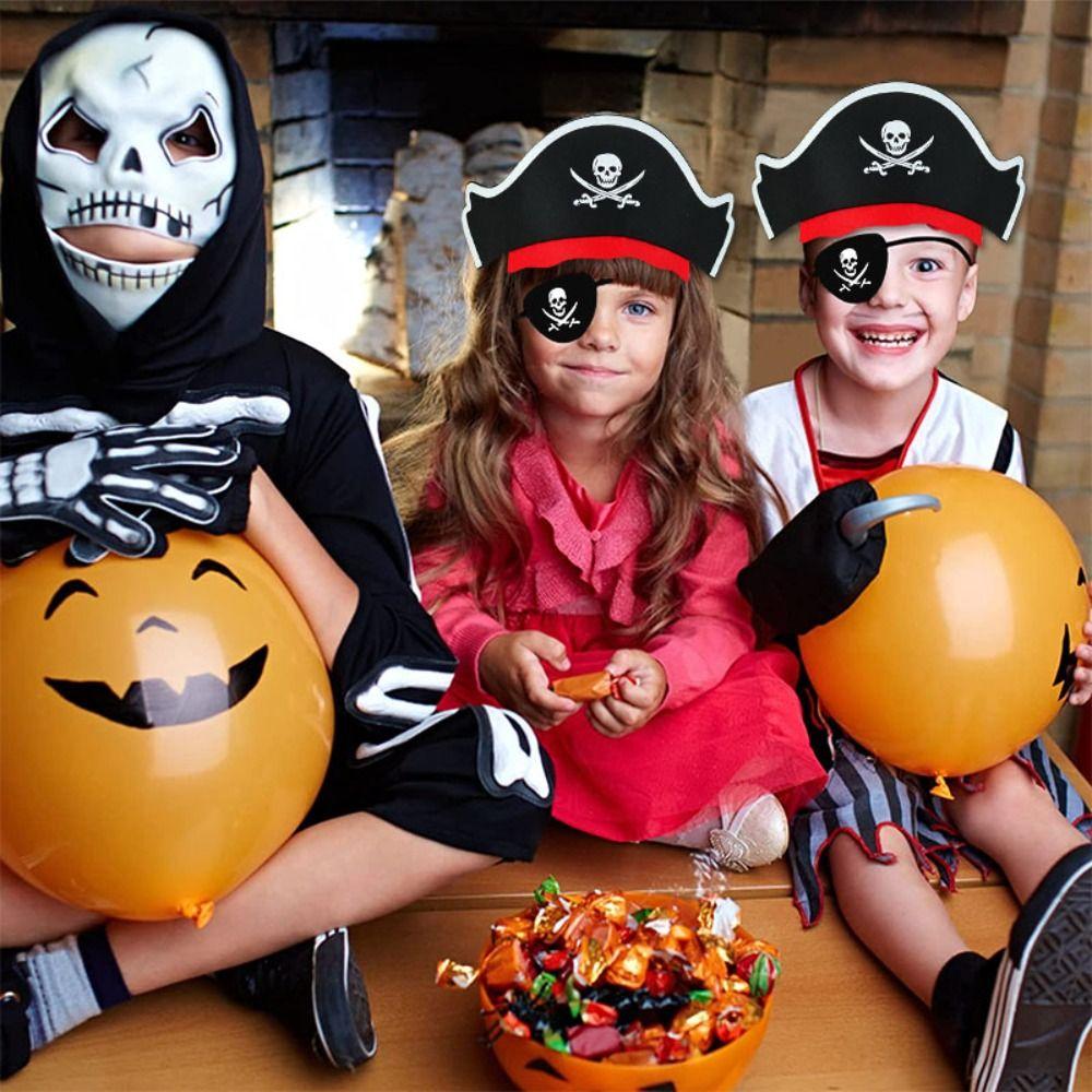 5Pcs Horror Felt Pirate Hat Black Skull Pirate Captain Cap Props Accessories Masquerade Party