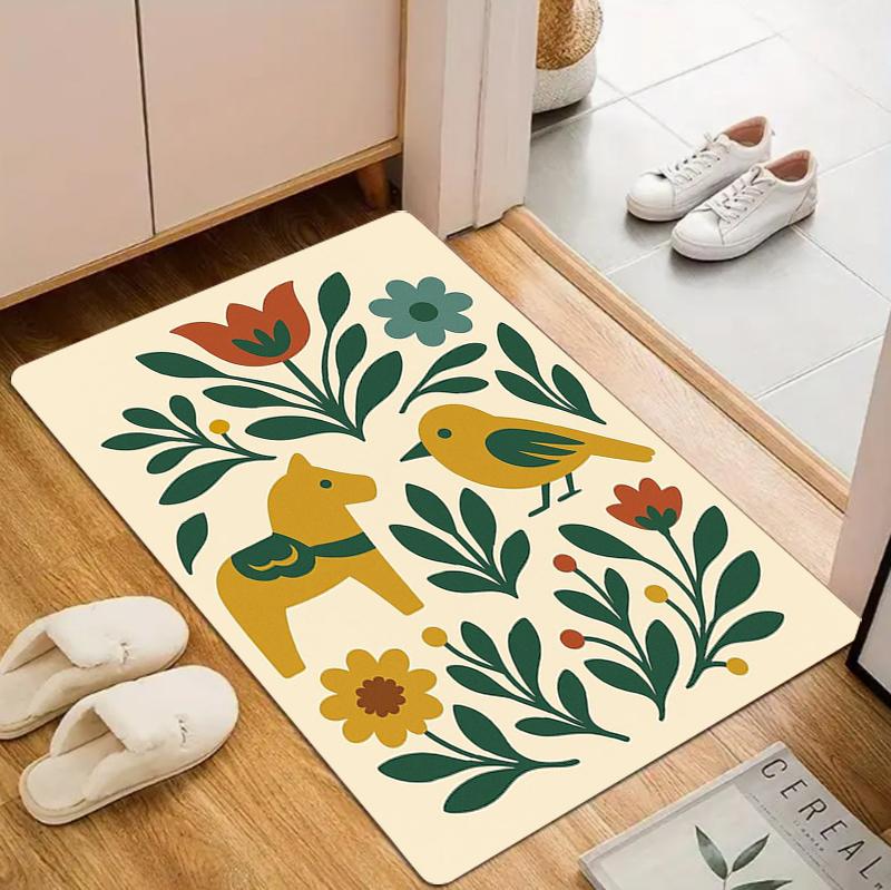 

Vintage Ethnic Style Printed Carpet Symmetrical Rabbit and Bird Pattern Door Mat Cute Living Room Bedroom Entrance Carpet 40cm x 60cm