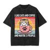 Oversized Washed T-Shirt I Like Cats And Coffee And Maybe 3 People Cat Print Cotton T Shirts for Couple Summer Y2K Retro Cloths