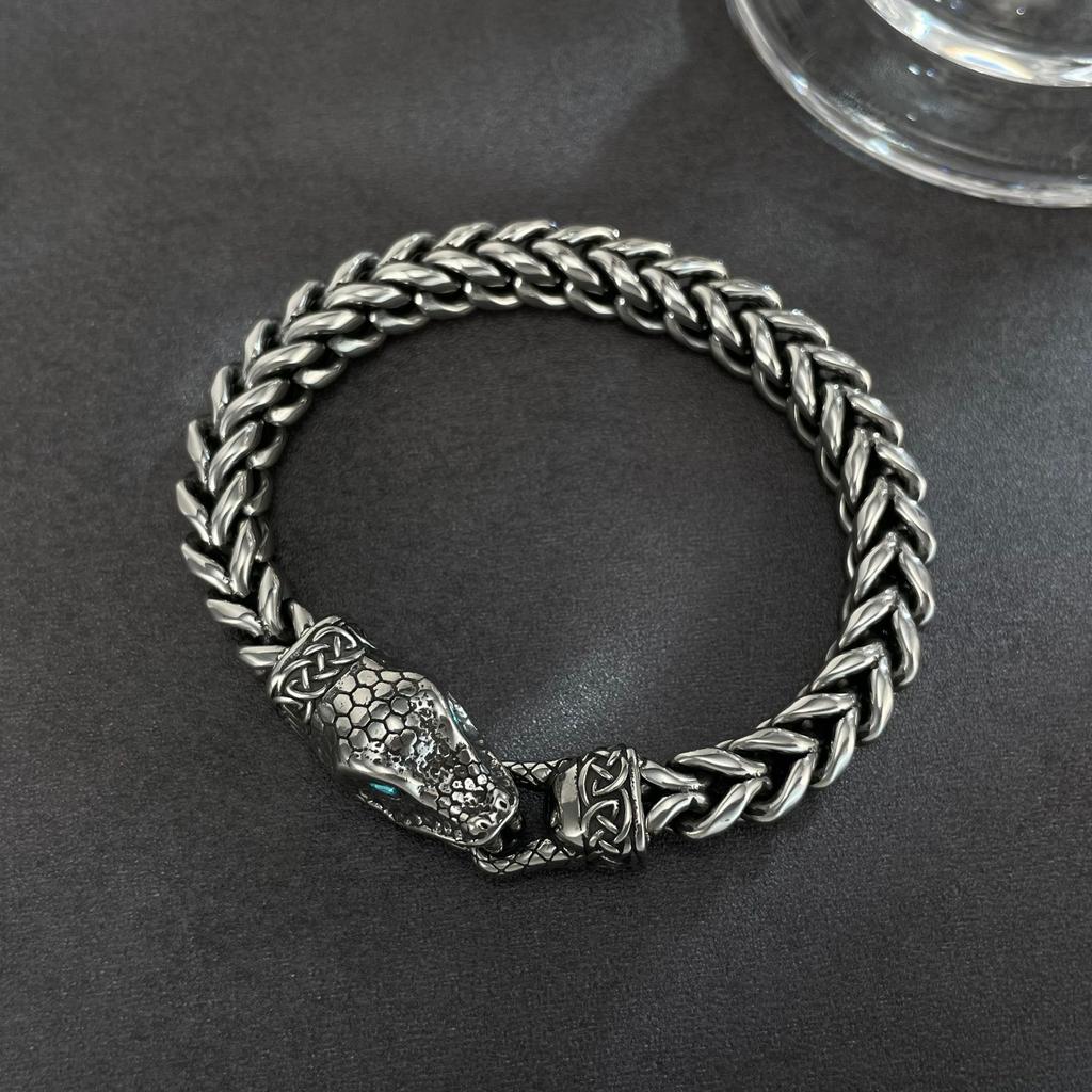 European American New Dark Snake Head Stainless Steel Bracelet Men's Thick Chain Retro Punk Style Personalized Trendy Accessory