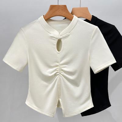 New Chinese Short-sleeved T-shirt for Women New Women's Stand-up Collar Button Hollow T-shirt Pleated Waist-hugging Short Top