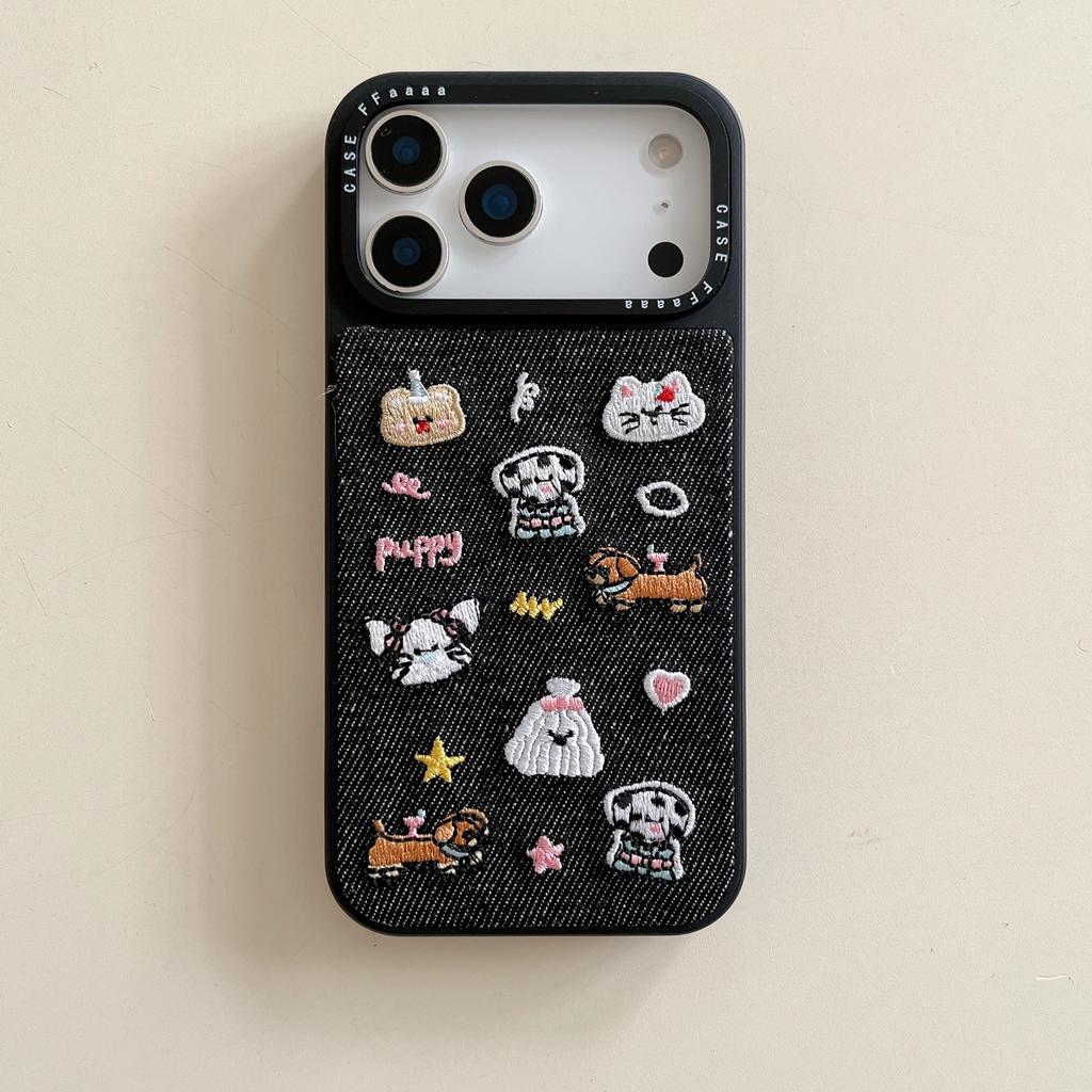 Fashion Denim Embroidery Cute Puppy Small Animal Shockproof Protective Phone Cover Case for iPhone 17 16 15 14 Pro Max