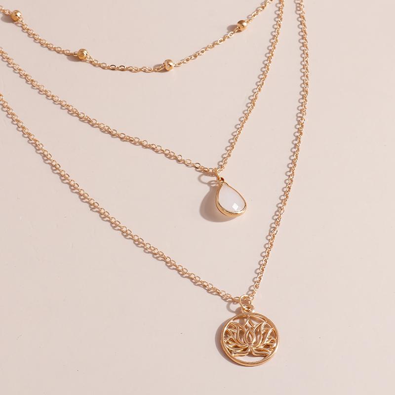 Gold Silber Farbe Buddhismus Lotusblume Halsketten für Frauen Weißer Kristall Anhänger Mehrschichtige Kette Halskette Schmuck Zubehör
