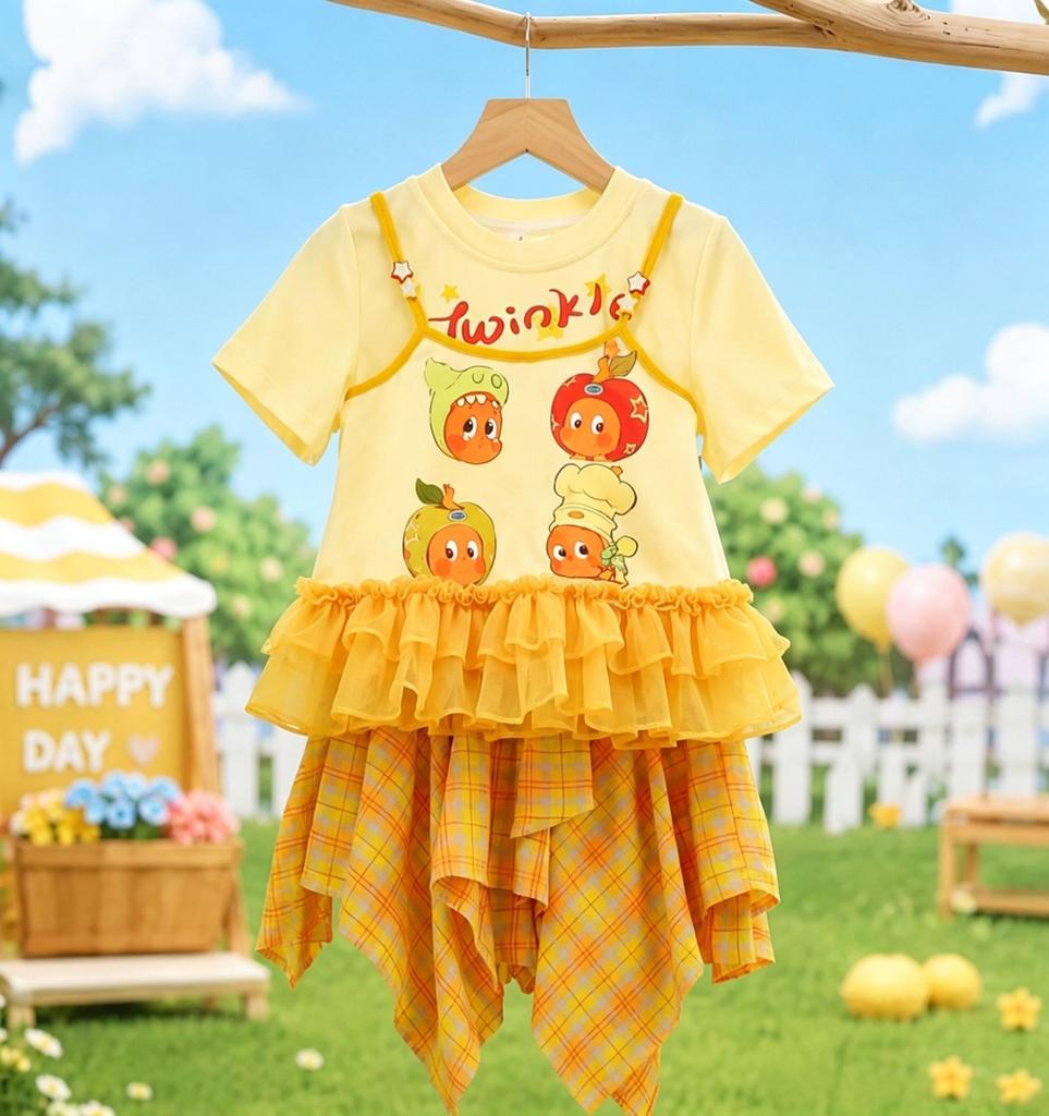 Girls Summer Cute Print Fake Two Piece Mesh Short Sleeve T Shirt