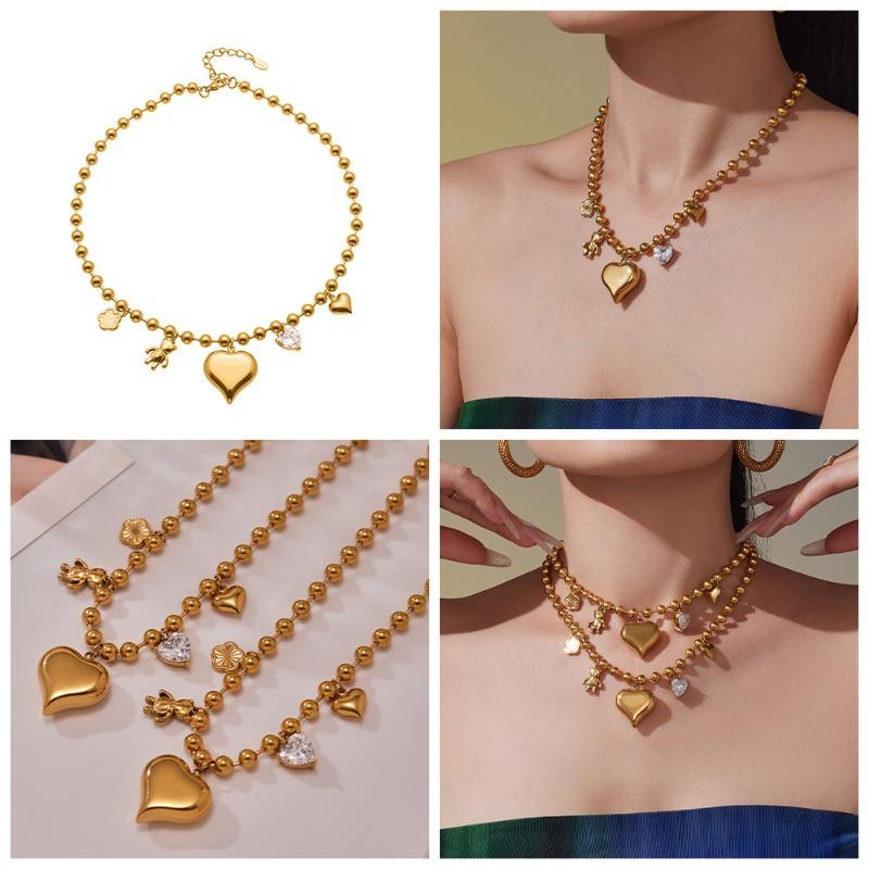Mili 5a cubic zirconia big heart bear hollow clavicle chain - 18k gold plated eco-friendly stainless steel jewelry
