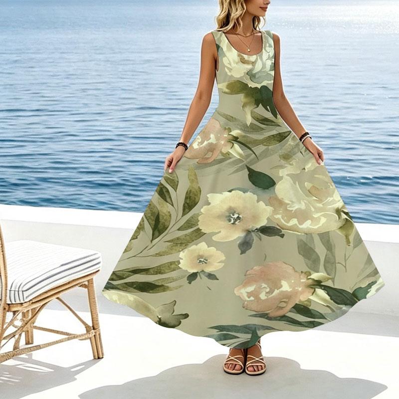 Summer Sleeveless Floral Beach Maxi Dress Lightweight Loose,Flattering for Beach Vacation Daily Casual