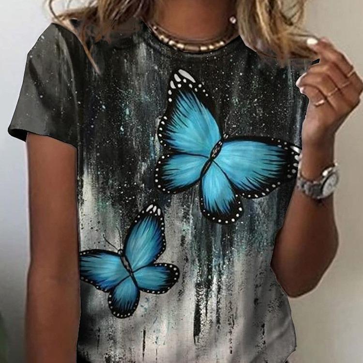 Letnie T-shirty damskie z krótkim rękawem, modne i codzienne, z okrągłym dekoltem i nadrukiem 3D motyla i ważki