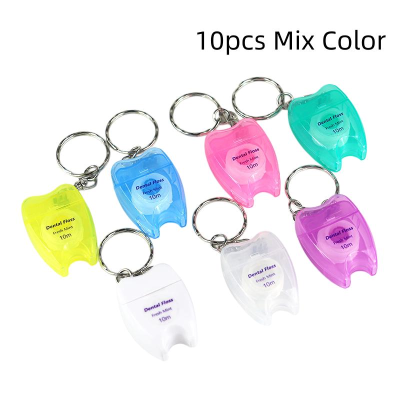 10pcs 10M Mint Flavored Dental Floss Roll Portable Keychain Tooth-Shaped Design Oral Hygiene Teeth Cleaning Tool Random Color