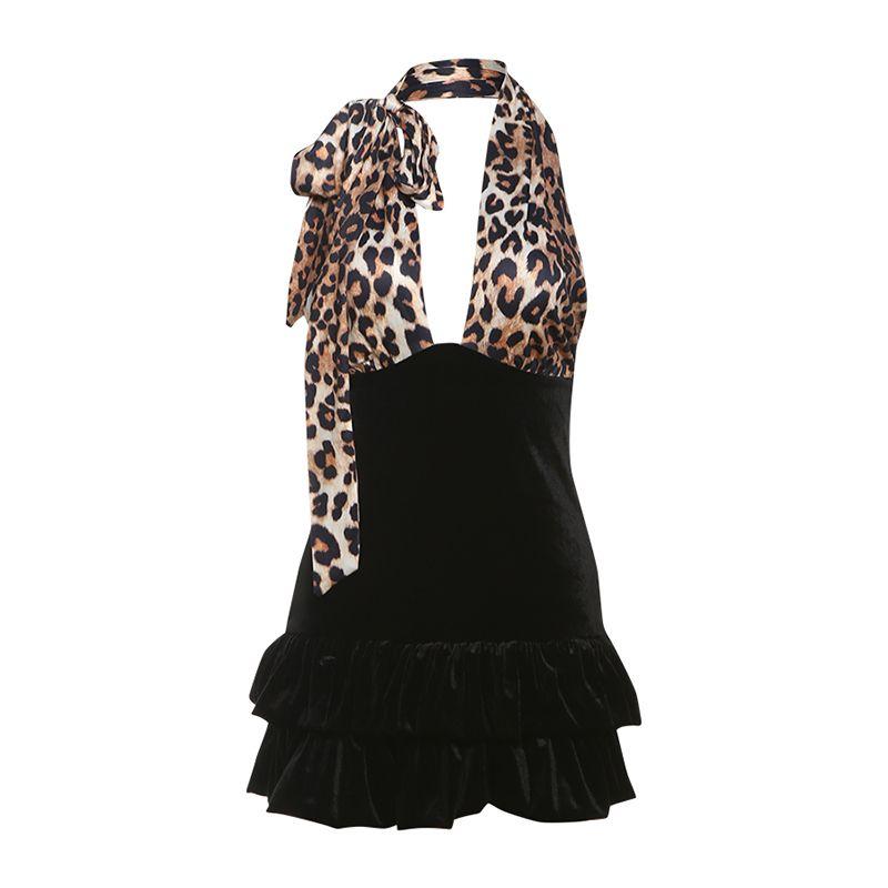 

# Sisjuly# Leng Yan Vintage Get Chill Leopard Print Color Matching Dark V-neck Waist-Controlled Slimming Halterneck Dress Female Black S