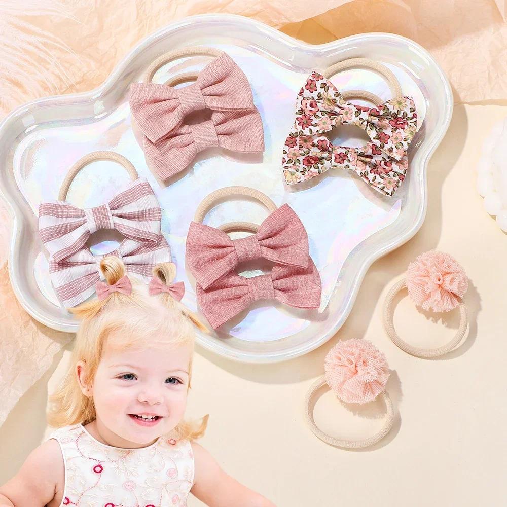 10Pcs/Set Cartoon Bow Flower Hairbands for Children Girls Sweet HairTies Fashion Elastic Rubber Band Hair Rope Hair Accessories