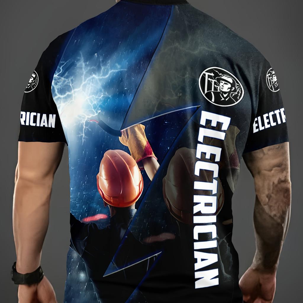 3D Printed Electrician Patttern Design Crew Neck Short Sleeve T-shirt For Men, Casual Summer T-Shirt For Daily Wear And Vacation Resorts