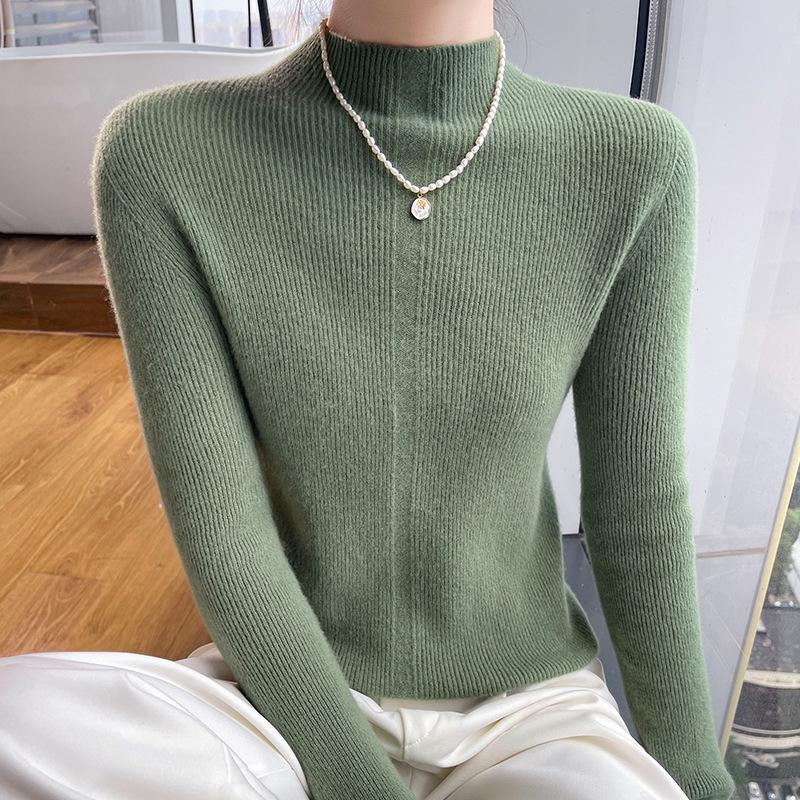 Women's Slim Fit Half-High Neck Wool Sweater - Autumn/Winter Collection, 100% Pure Wool Pullover Base Layer