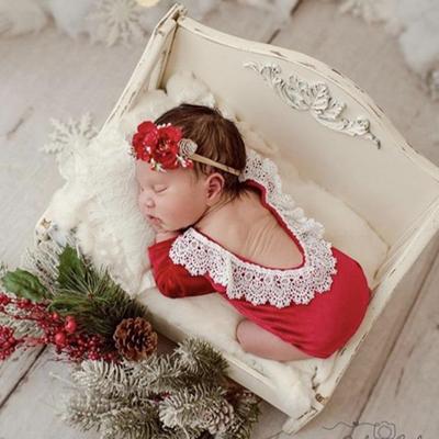Baby Weihnachten Rotes Samt Stirnband & Fußloser Strampler Set für Fotografie