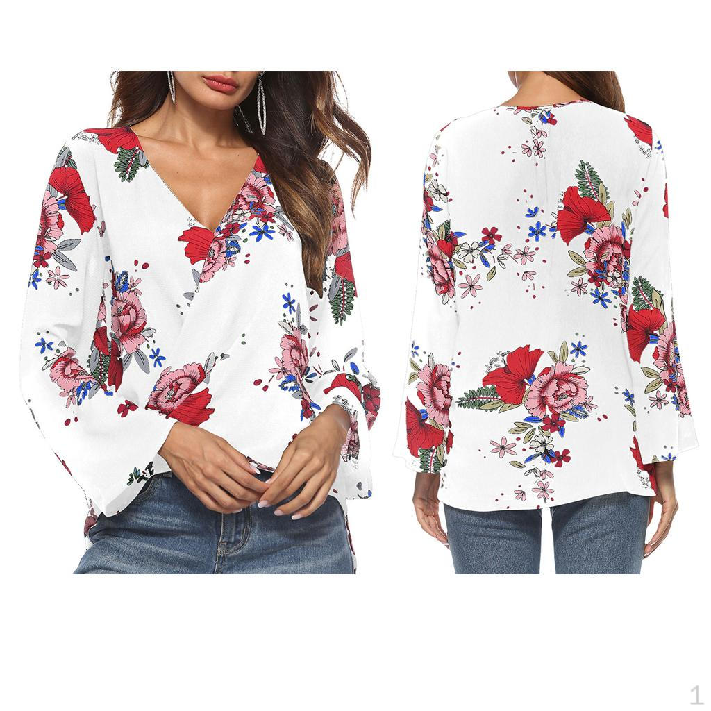 

Women s Floral Printed Sleeve Kimono Wrap Front Loose Tops XL білий