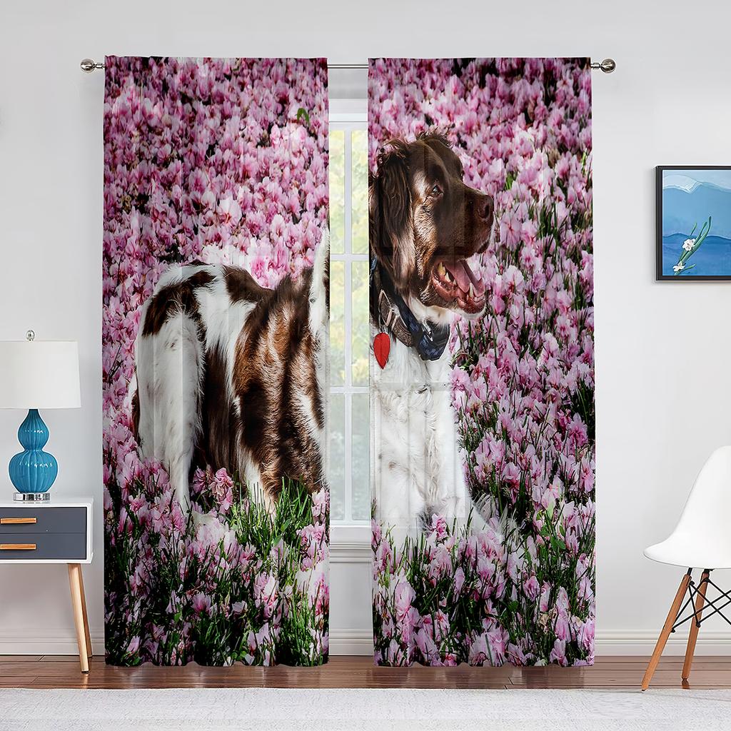 Animal Dog Australian Shepherd Lays In Pink Flowers Tulle Curtains for Living Room Bedroom Decor Transparent Sheer Voile Curtain
