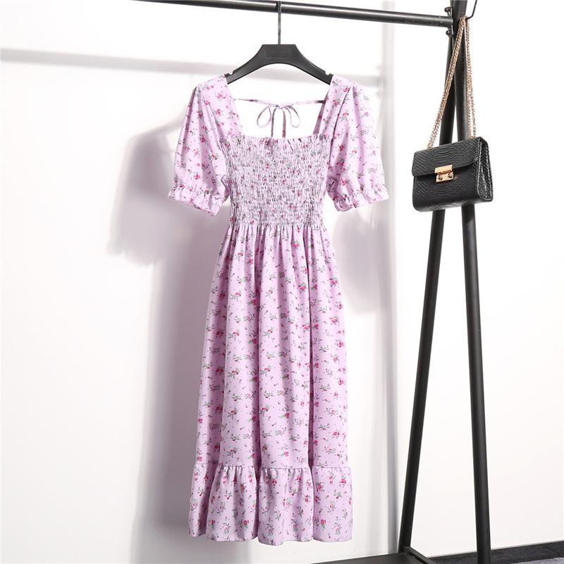 Summer Floral Print Dress Women Casual Square Collar Pleated Waist Slim Medium Long White S-XL