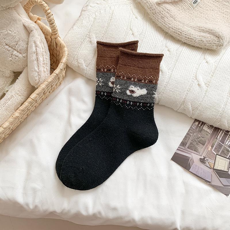 YOUJIAXIU Women's Wool Warmth Fair Isle Mid-Calf Socks - Thickened Plus Velvet, Cute Puppy Design for Autumn/Winter