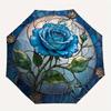 Blaue Rose Buntglas Wandkunst DekorationRegenschirm, Tragbarer 3-Fach-Regenschirm für Damen & Herren, Weihnachtsgeschenk ES237