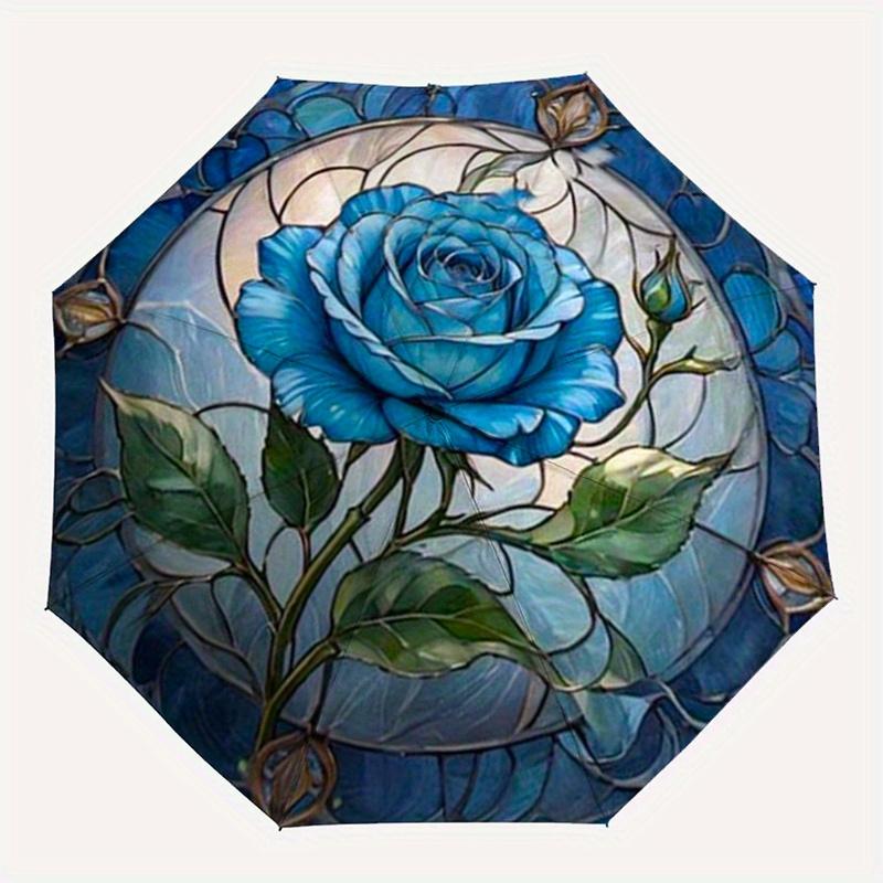 Blaue Rose Buntglas Wandkunst DekorationRegenschirm, Tragbarer 3-Fach-Regenschirm für Damen & Herren, Weihnachtsgeschenk ES237
