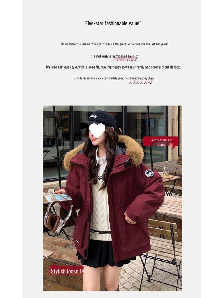 Women's 2025 Winter Thickened American Style Fur Collar Workwear Parka Jacket