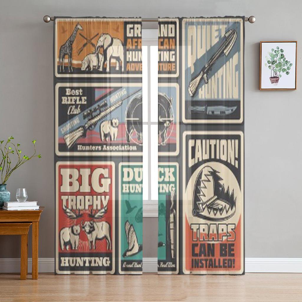 Animaux Et Armes De Chasse Sportive Affiches Rétro Vectorielles Rideaux Voilages Transparents Pour Salon Décoration Intérieure Rideau Voile Organza