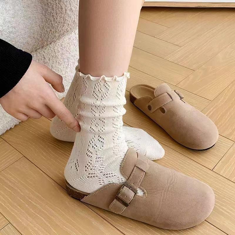 Spring, Autumn and Winter Retro Breathable Mid-calf Pile Socks for Women with Hollowed-out, Moving Loop Mesh Lace, White