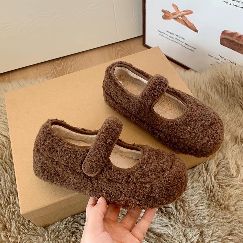 Leopard Fur Lining Women Flats Shoes Concise Round Toe Shallow Shoes Comfort Warm Cotton Outdoor Shoes For Autumn Winter