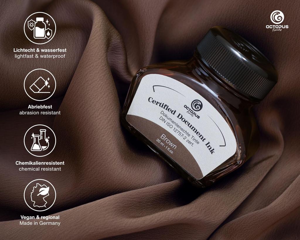 Octopus Fluids Document Fountain Pen Ink for Notaries and Pigment DIN ISO Made In Germany Ink, Registrars, Ink, 12757-2 Certified, (Brown)