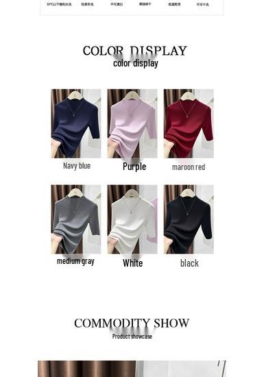 Women's Navy Blue Mid-Sleeve Sweater - Elegant High-End Knit Top with Stand Collar