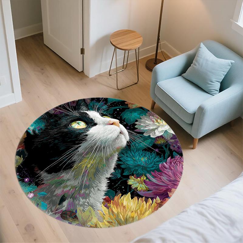 Flower Black and White Cat,Round Area Rug,Carpet Rug for Living Room Bedroom Sofa Playroom Decor,Non-slip Floor Mat