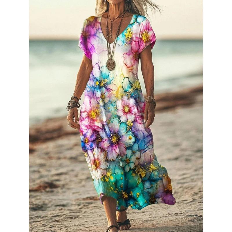 YYFS Women's Fashion Summer Spring Flower Pattern Print Short Sleeve V-Neck Loose Waistline Casual Dresses