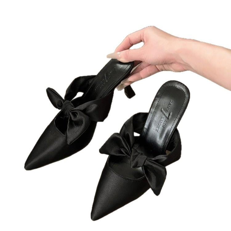 Summer women's 2025 new bow pointed head bag head sandals go out niche high value thin heel heightening slippers