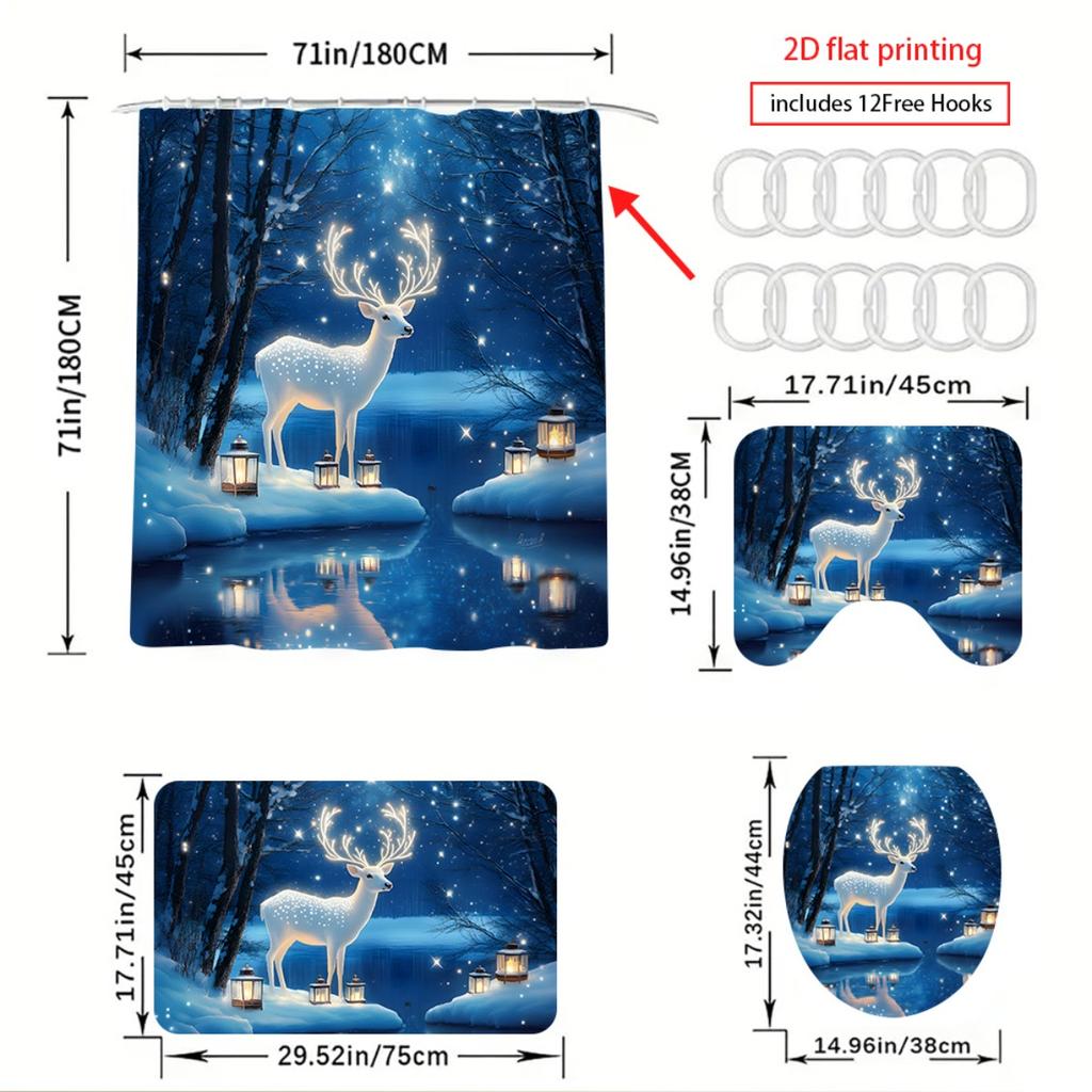 4Pcs . Christmas Deer Theme Shower Curtain Set with Non-Slip Bath Mat, Toilet Lid Cover, Contour Rug & 12 Hooks, Bathroom Decor