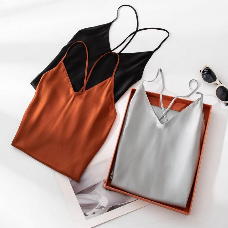 Womens Mid-Length Slip Dress Solid Color Silk Cami V-Neck Slim Fit Daily Wear