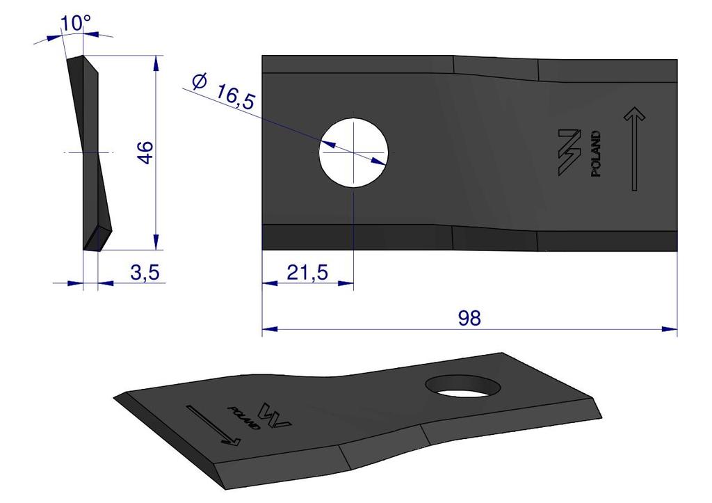 Nóż. Nożyk Kosiarka Lewy 98X46X3.5Mm Otwór 16.5 Zastosowanie 40490006 Morra Waryński ( Sprzedawane Po 25 )