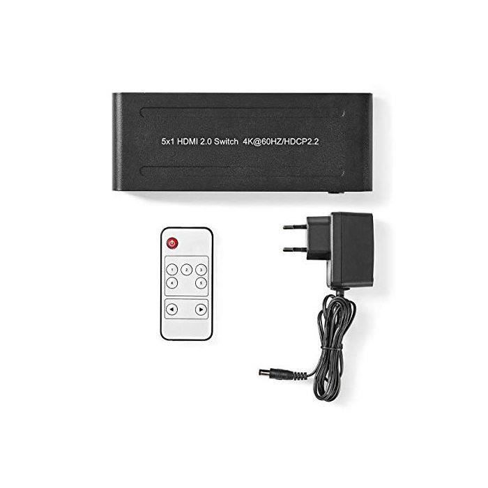 Nedis - Commutateur HDMI | 5 Ports 5x HDMI Entrée | HDMI Sortie | 4K @ 60Hz | 18 Gbps | Télécommandé | | Métal | Anthracite