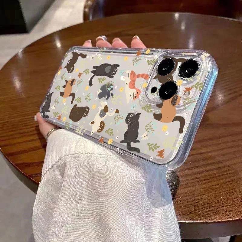 Graffiti Cartoon Dog Cat Phone Case For iPhone 15 Pro Max 14 12 13 11 16 16e Case X XR XS 7 8 Plus SE 3 Transparent Soft Cover