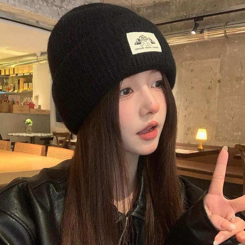 Winter Warm Knitted Hat Fashionable and Versatile Embroidered Label Knitted Hat Outdoor Cold Proof and Velvet Dome Hoodie