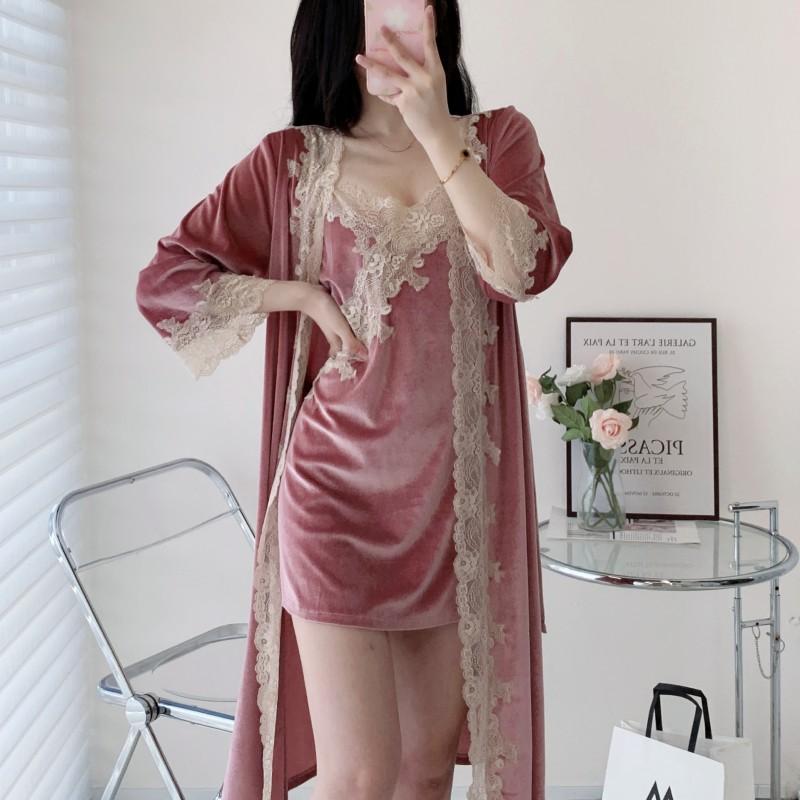 Velvet Women Homewear Sexy Lace Kimono Bathrobe Gown Trim 2PCS Robe Set Loose Casual Lounge Wear Autumn Winter Velour Sleepwear