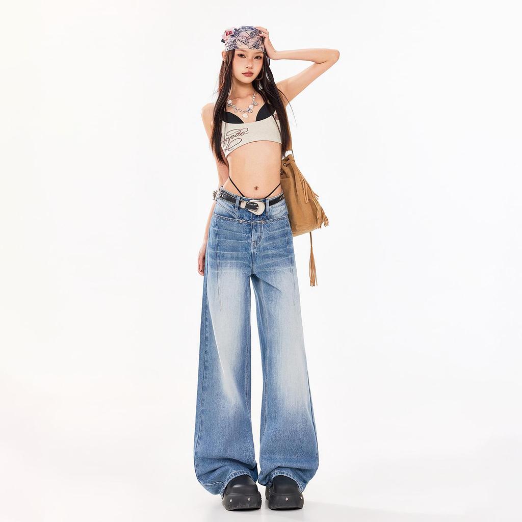 Women's Textured Distressed Denim Jeans: Loose Fit, Wide-Leg, Floor-Length, New Spring/Autumn 2026 Style.