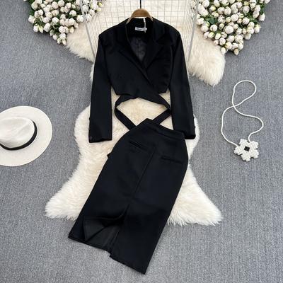 Women's Autumn Suit Collar High Waist Short Lace-Up Coat Two Piece High Waist Mid Length Split Skirt