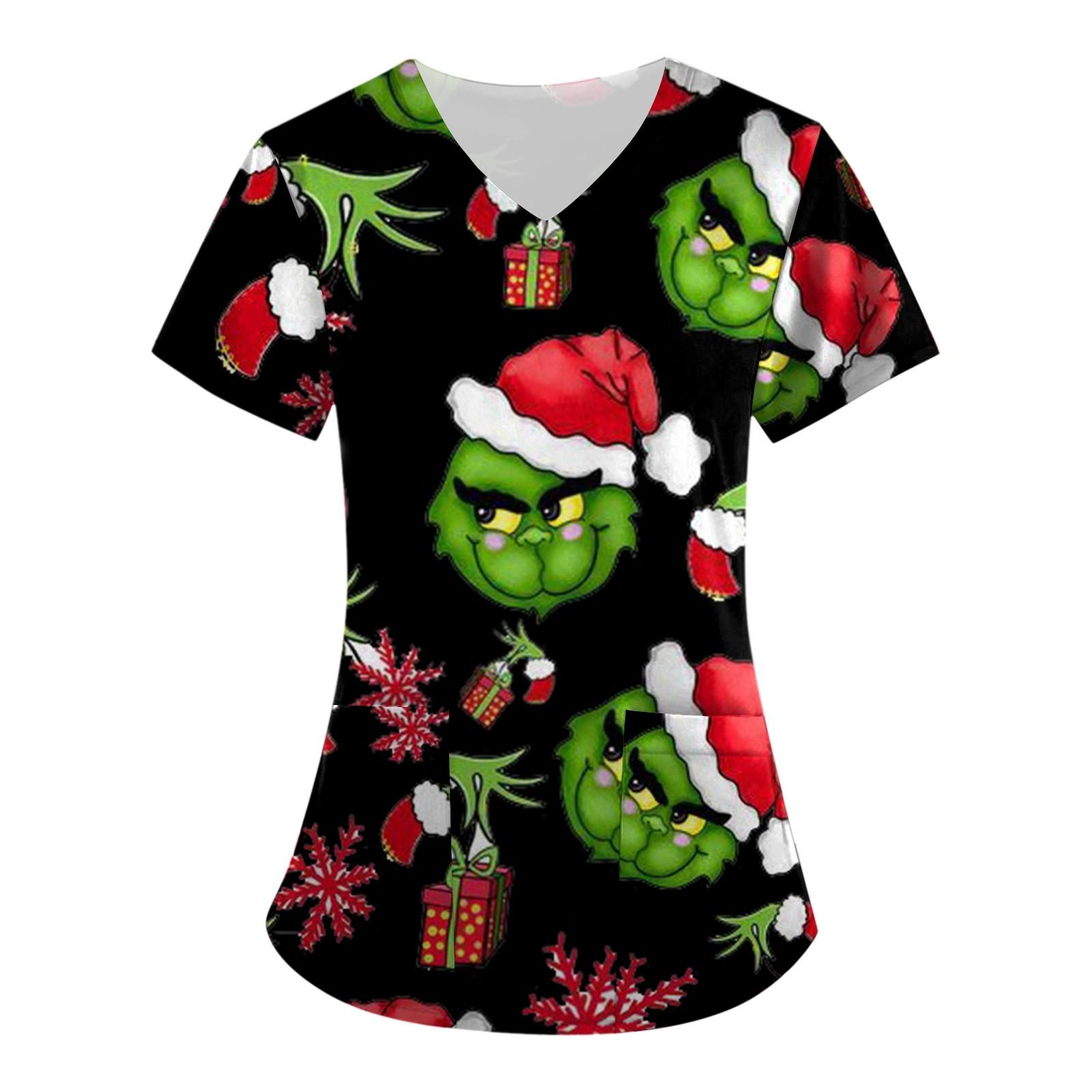 

Women s Fashion Christmas Printed Short Sleeve V-Neck Top Small Pocket Work T-Shirt XXL чорний