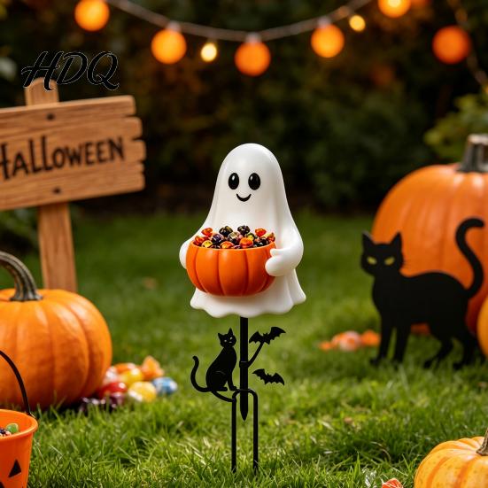 Süße Halloween-Gartendekoration Geist Süßigkeitenschale Pfahl 2D Flacher Kürbis Halter mit Katze und Fledermäusen Süßes oder Saures Hof-Kunst für Veranda Weg Rasenpfähle