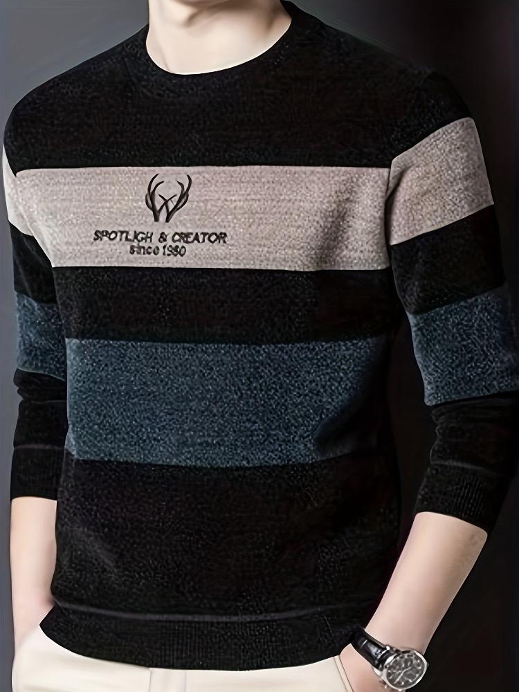 Color Block Knitted Sweater, Men's Casual Warm Mid Stretch Crew Neck Pullover Sweater for Men Fall Winter